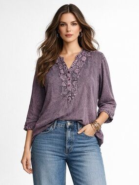 Chic Connection Purple Embroidered Blouse 1X Boho Whimsigoth Floral Top
